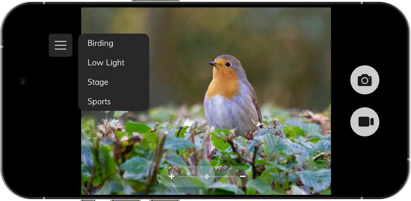 Phone screen showing a bird on a nature background with binocular app options.
