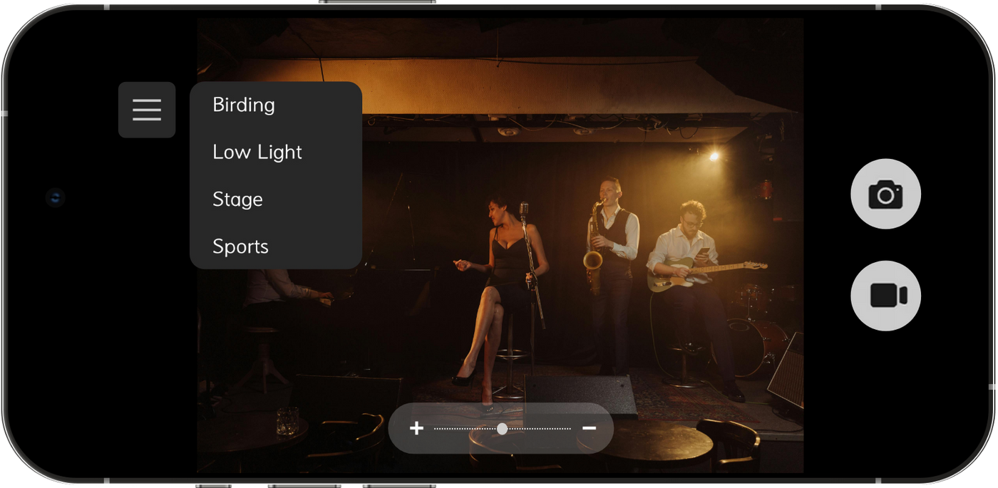 Phone screen showing a music performance with binocular app settings menu open.