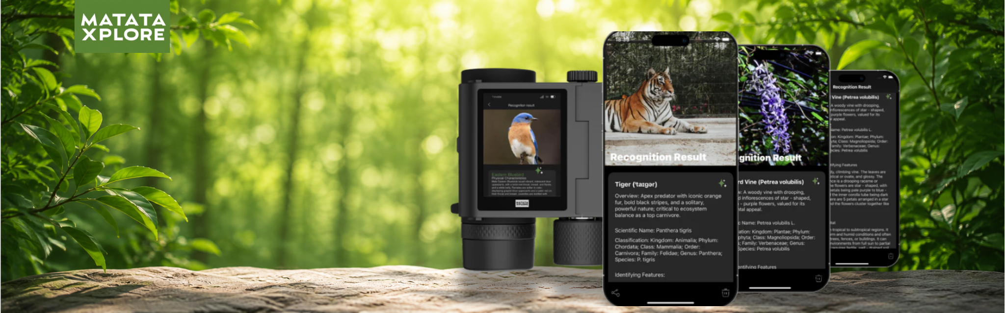 phone showing the MatataXplore Optics app , identifying tiger and lavender