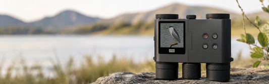 MatataXplore Solvia 8x32 binoculars by a lake for a blog comparing 8x32 vs 8x42 binoculars for birdwatching