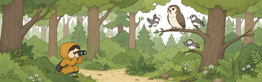 Understanding bird behavior illustration showing small birds looking at a larger bird in a forest