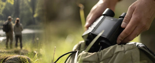 Solvia Standard vs Plus vs Pro guide cover with MatataXplore binoculars held beside a wooded lake