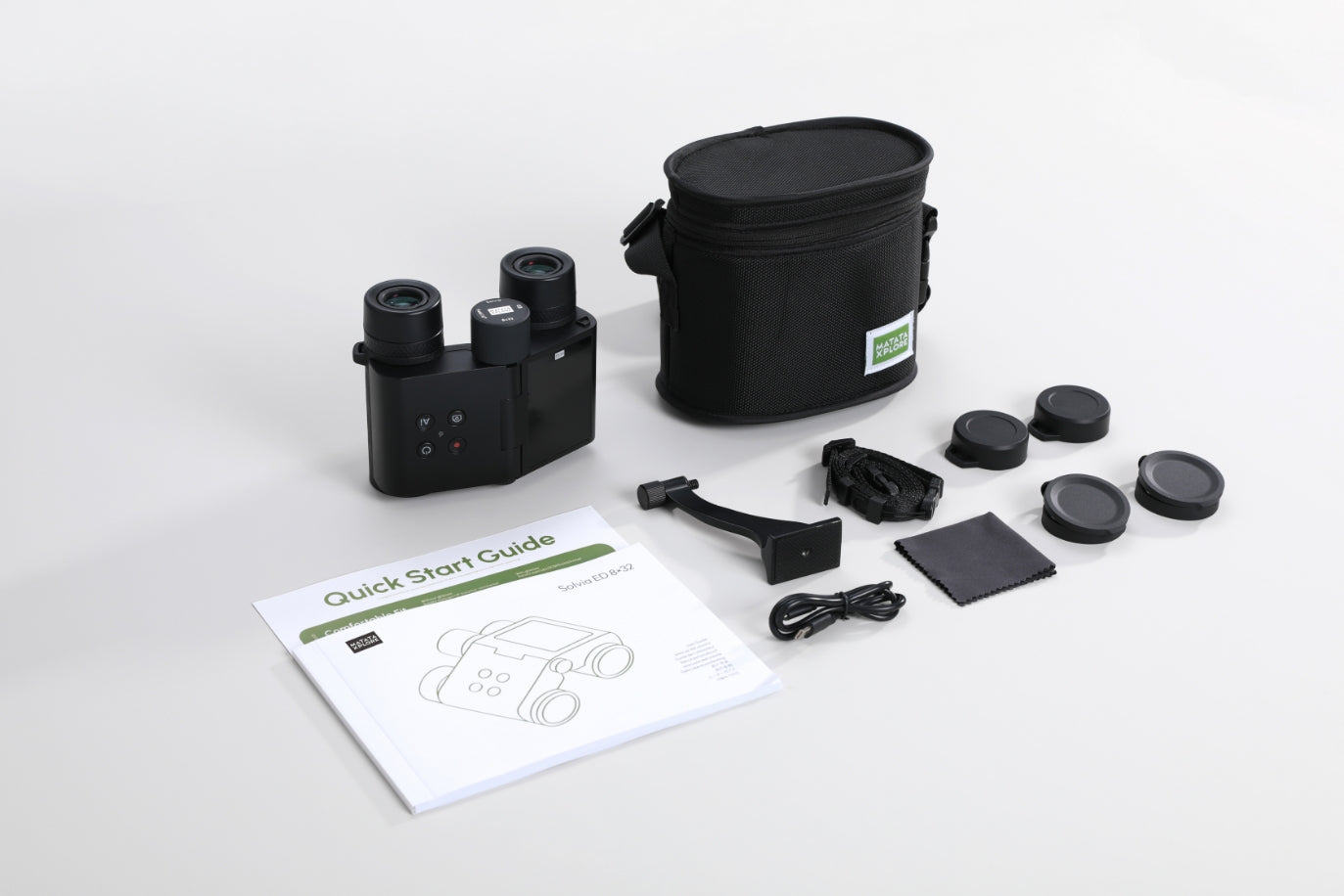 Image of SOLVIA ED 8x32 binoculars along with all accessories, user manual, and hard case.