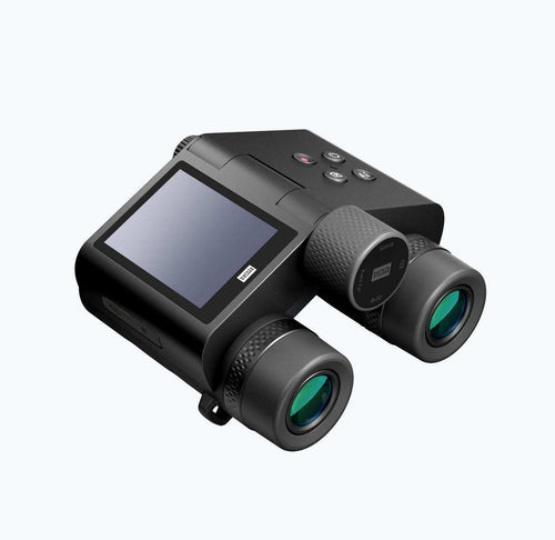 Solvia ED 8x32 digital binoculars with screen and control buttons.