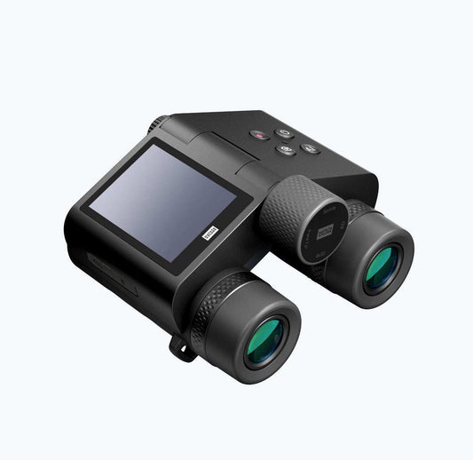Solvia ED 8x32 digital binoculars with screen and control buttons.