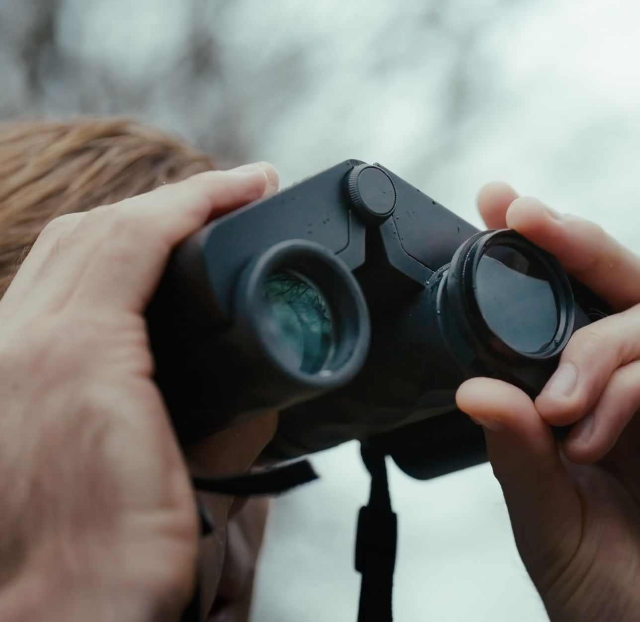Person holding and looking through black Solvia ED 8x32 binoculars outdoors