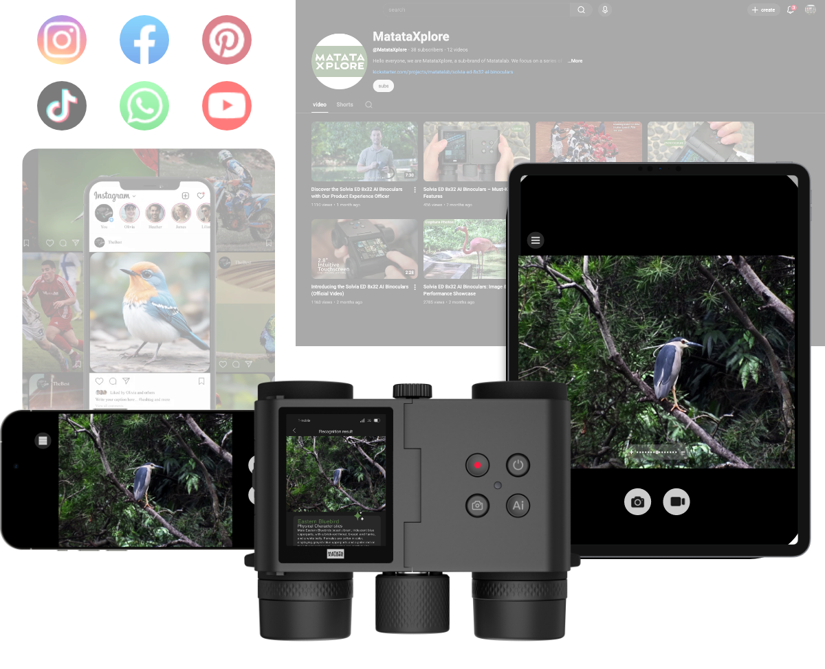 Binoculars with screen displaying birdwatching app interface on smartphone and tablet.