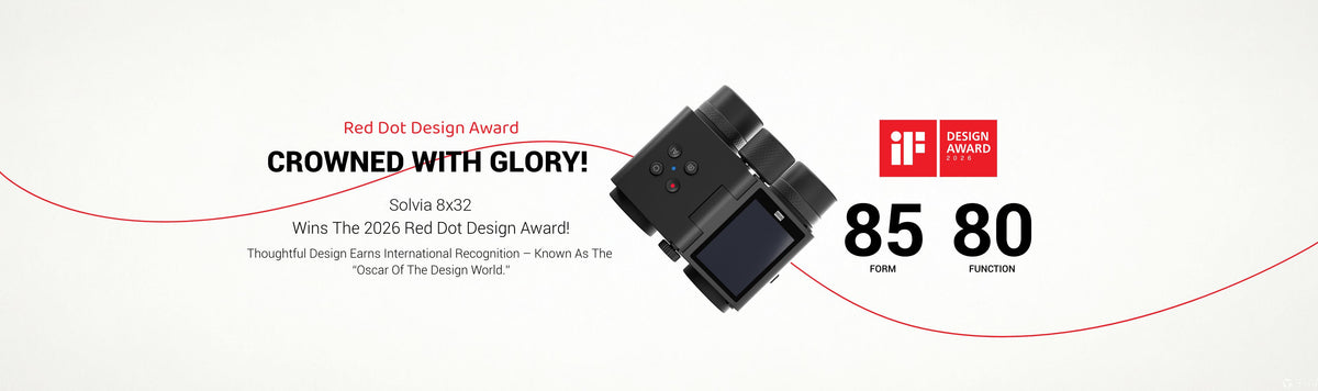 Award-winning Solvia 8x32 AI binoculars web banner highlighting the 2026 Red Dot Design Award, AI bird identification, photography, and outdoor exploration.