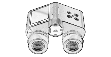 Technical line drawing of Solvia ED 8x32 digital binoculars, top view showing display and controls.