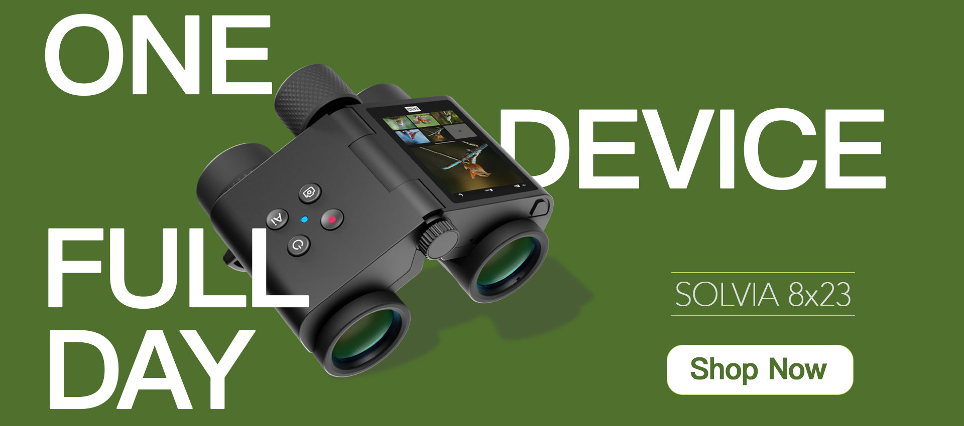 Homepage banner featuring Solvia 8x23 AI camera binoculars with a touchscreen display and all-day battery life.