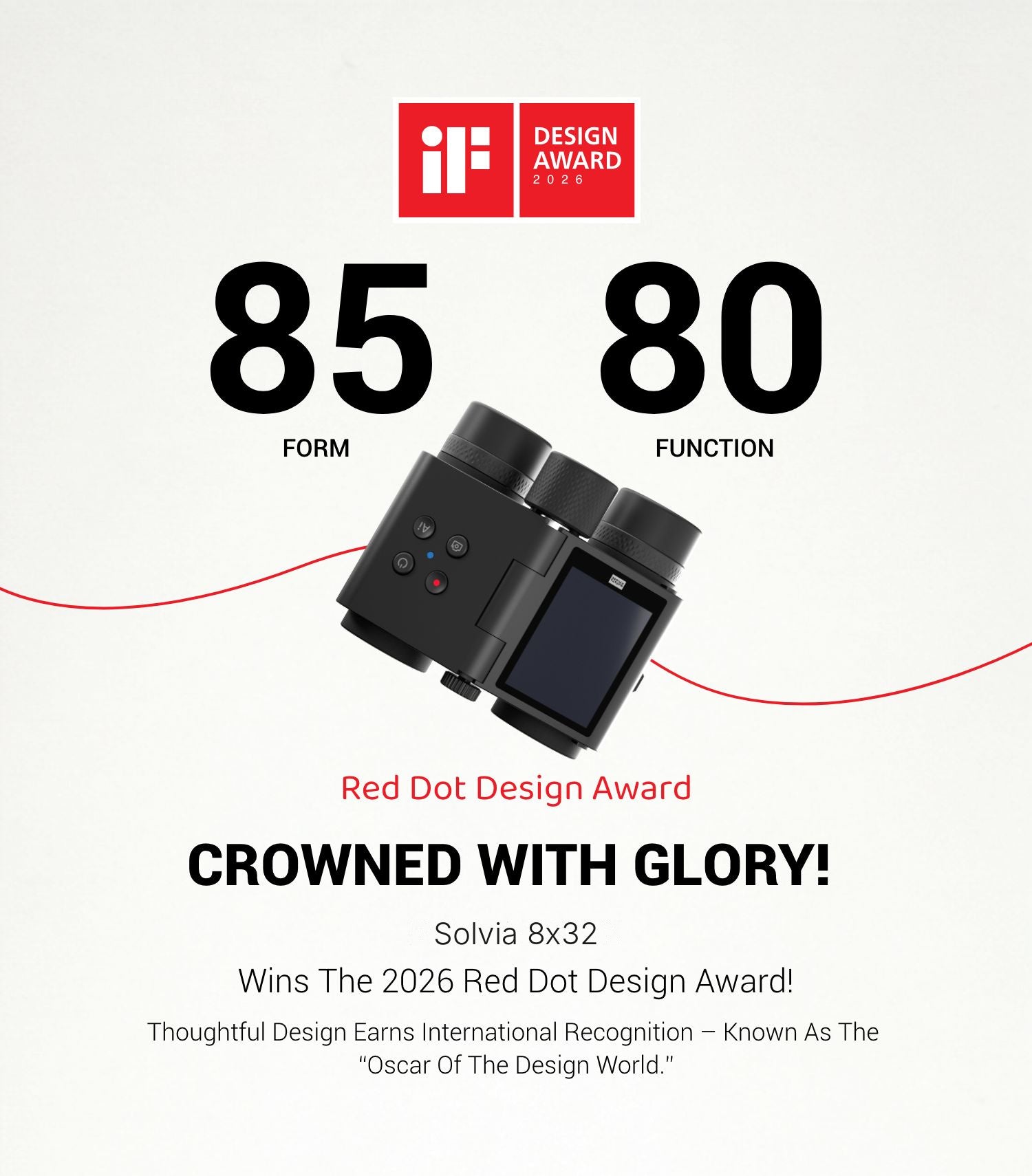 Promotional poster showcasing the award-winning Solvia 8x32 AI binoculars, recipient of the 2026 Red Dot Design Award for innovative design, AI bird identification, and outdoor exploration.