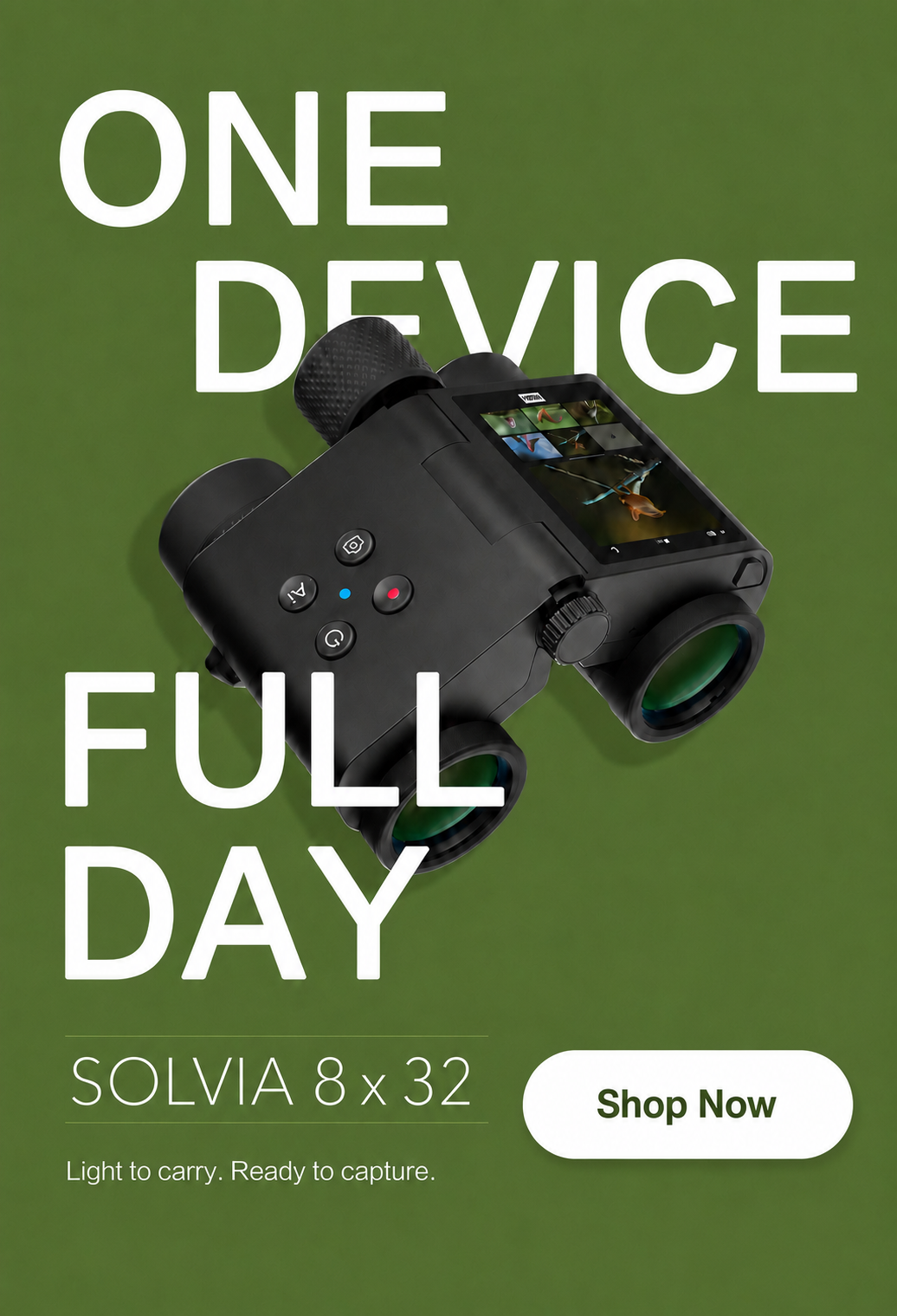Vertical promotional banner featuring Solvia 8x32 AI camera binoculars with a touchscreen display and all-day battery life.